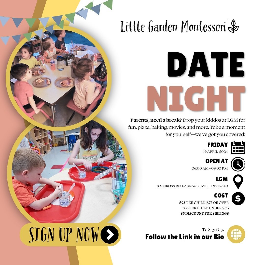 ⏰Parents, it&rsquo;s time for a well-deserved break! Drop off your little ones at Little Garden Montessori 🌱🌱 for Date Night on April 19th. While they enjoy movies, dinner, crafts, and playtime, you can unwind together or take some me-time. Let us 