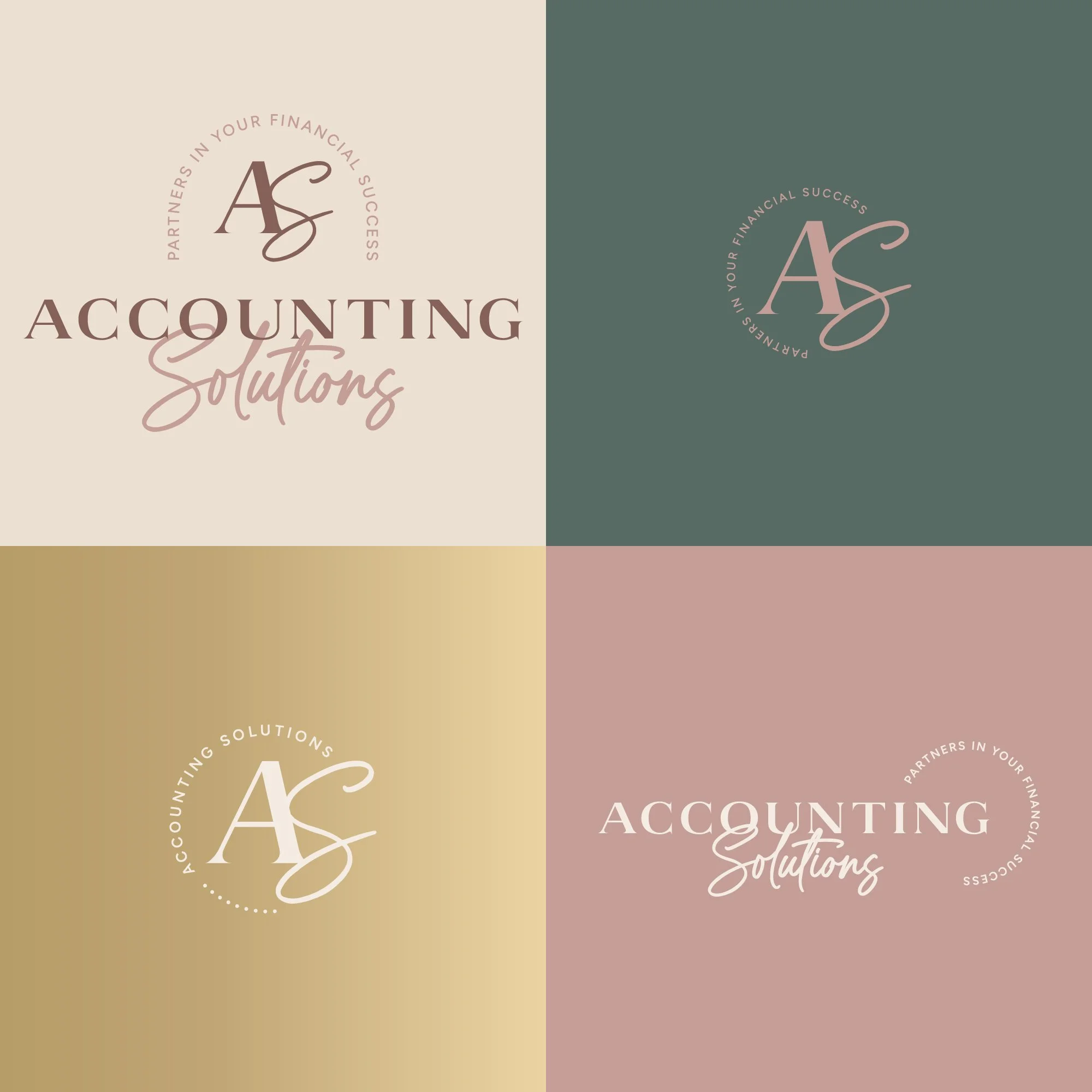 Collage of four logos for Accounting Solutions, featuring the initials AS and the tagline 'Partners in Your Financial Success' on pastel backgrounds.
