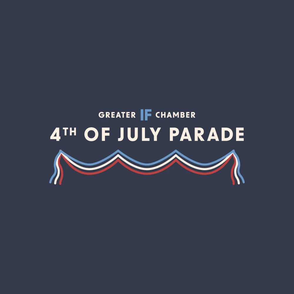 Graphic promoting the Greater Idaho Falls Chamber's 4th of July Parade with patriotic red, white, and blue decorative lines across a dark background.