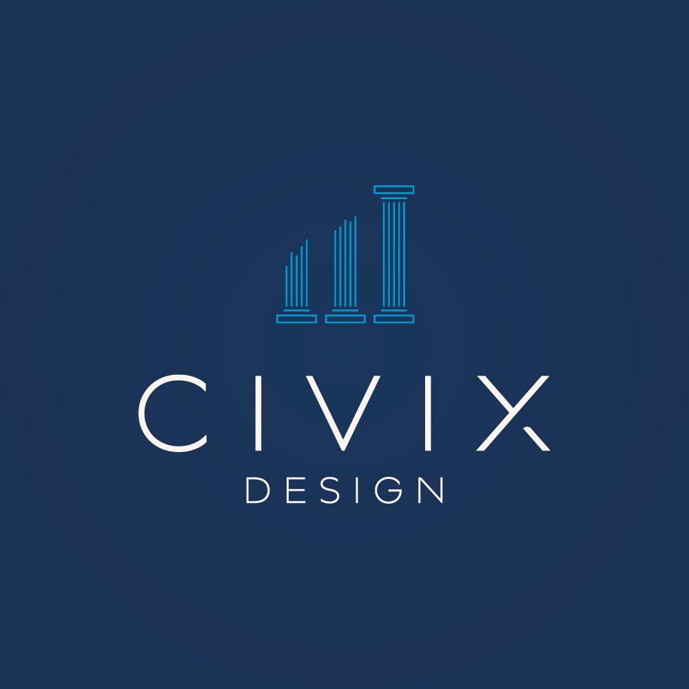 Logo for CIVIX Design featuring stylized blue columns and text in white on a dark blue background.