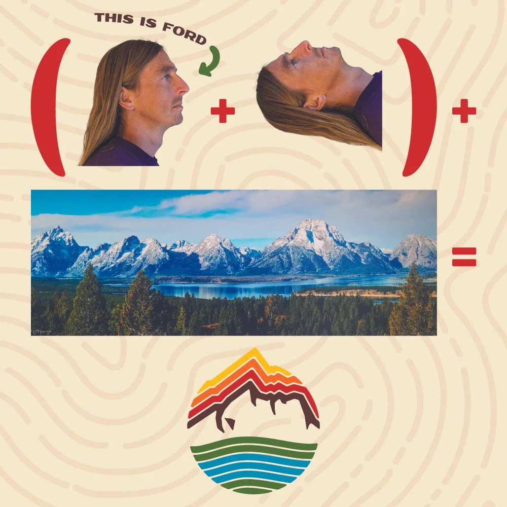 A visual explanation showing that combining a person's side and lying down their head results in a landscape of mountains, lake, and trees, illustrating the idea that the shapes of the person's head resemble a mountain range.
