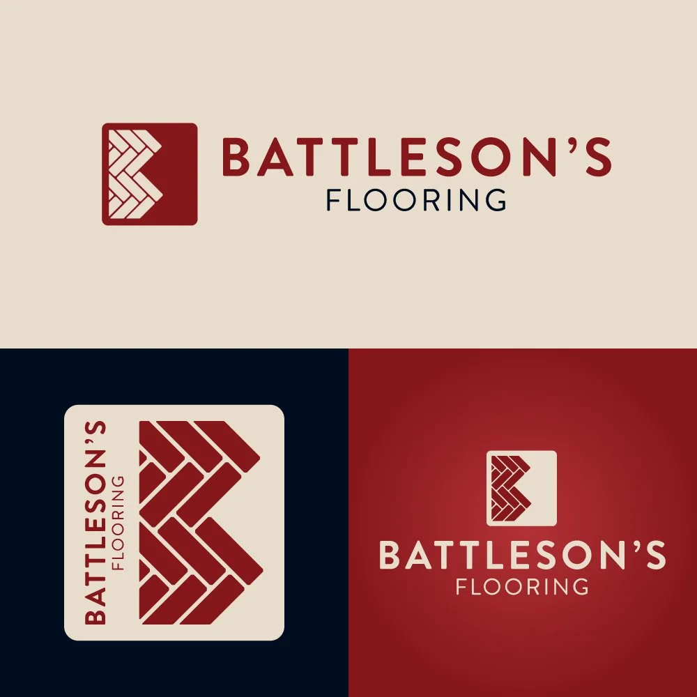 Logo images for Battleson's Flooring, a company in Idaho Falls, with different background colors and designs, featuring a stylized floor pattern icon.
