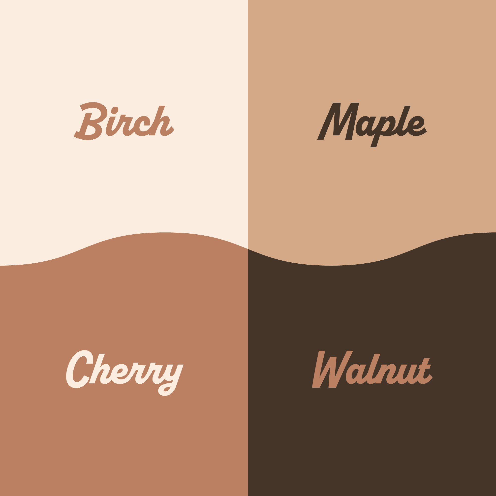 Graphic showing four types of nuts with backgrounds in shades of brown and beige, labeled Birch, Maple, Cherry, and Walnut.