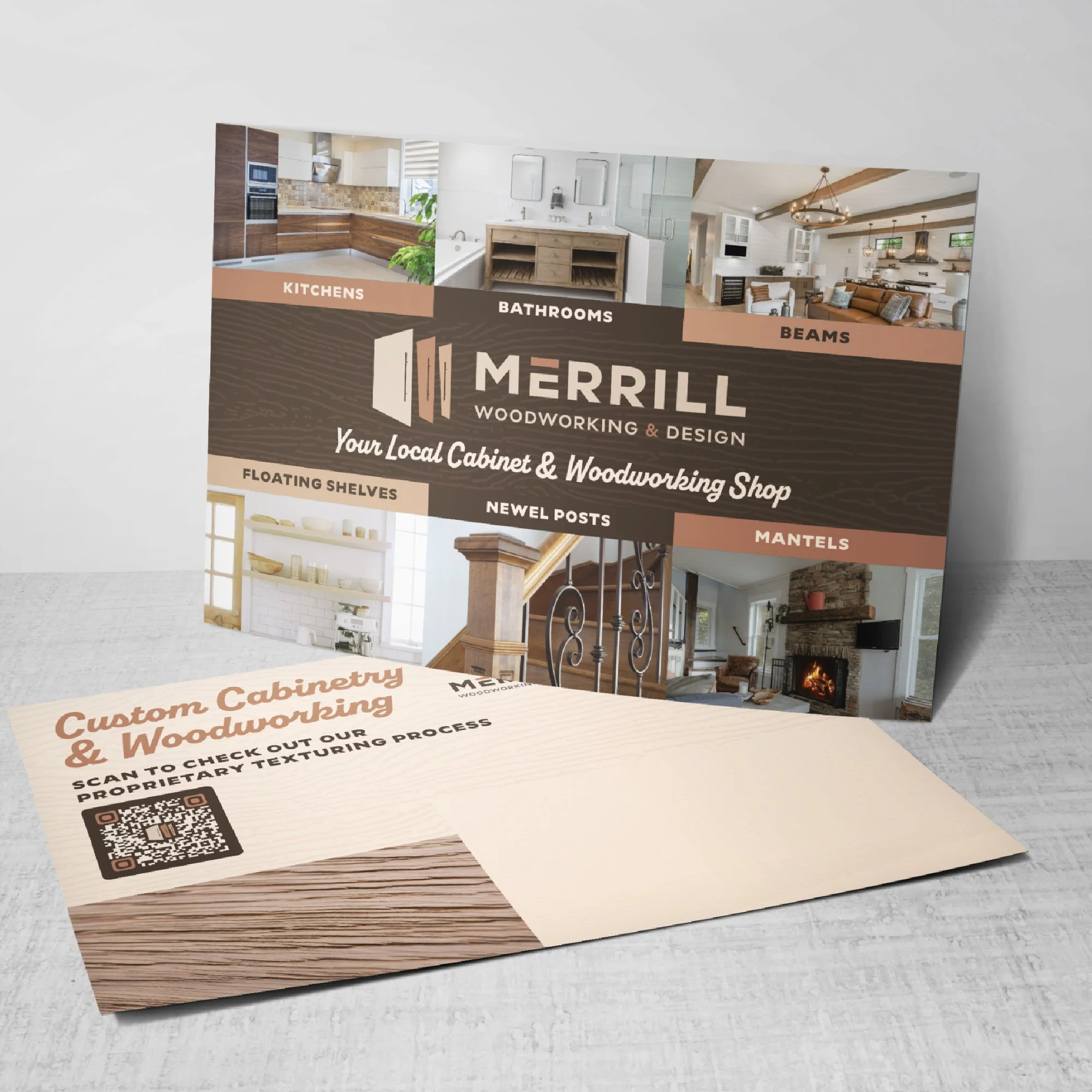 Brochure for Merrill Woodworking & Design featuring images of kitchen, bathroom, living room, floating shelves, newel posts, and mantels with text highlighting their services.