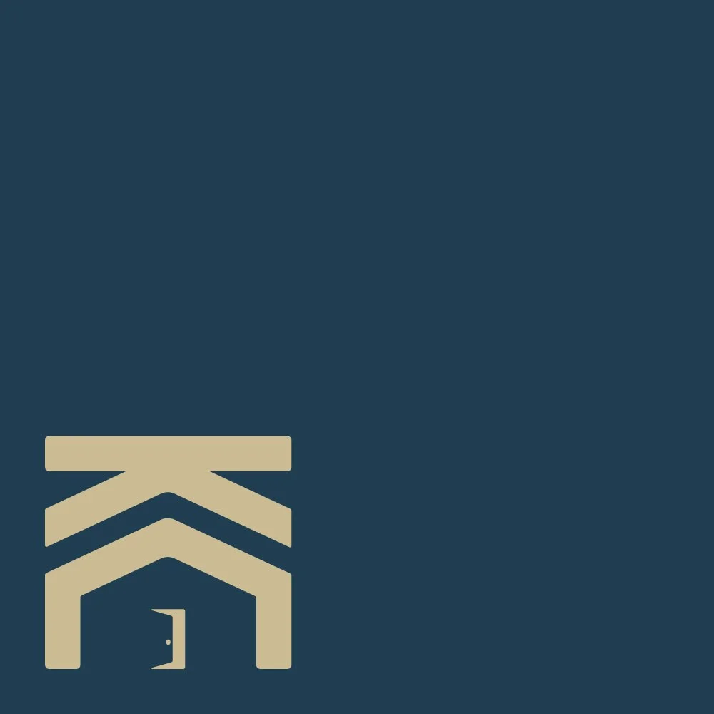 Minimalist logo design featuring a stylized house icon in beige on a dark blue background.