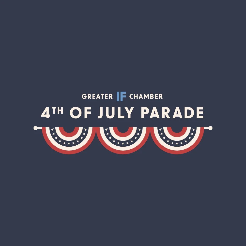 Graphic poster for a 4th of July parade organized by the Greater Idaho Falls Chamber, featuring patriotic red, white, and blue bunting decorations.