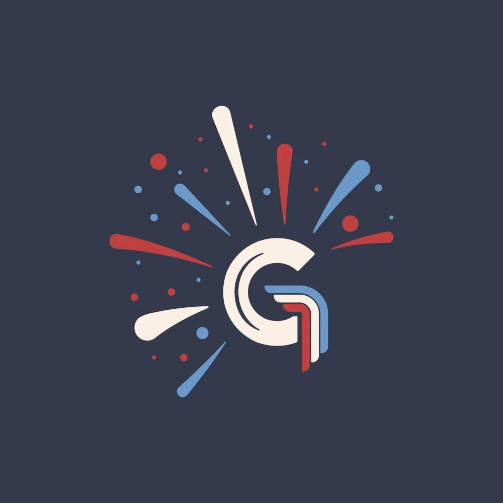 A stylized letter 'G' pulled from the Greater Idaho Falls Chamber logo with decorative fireworks and streaks in red, white, and blue on a dark background.