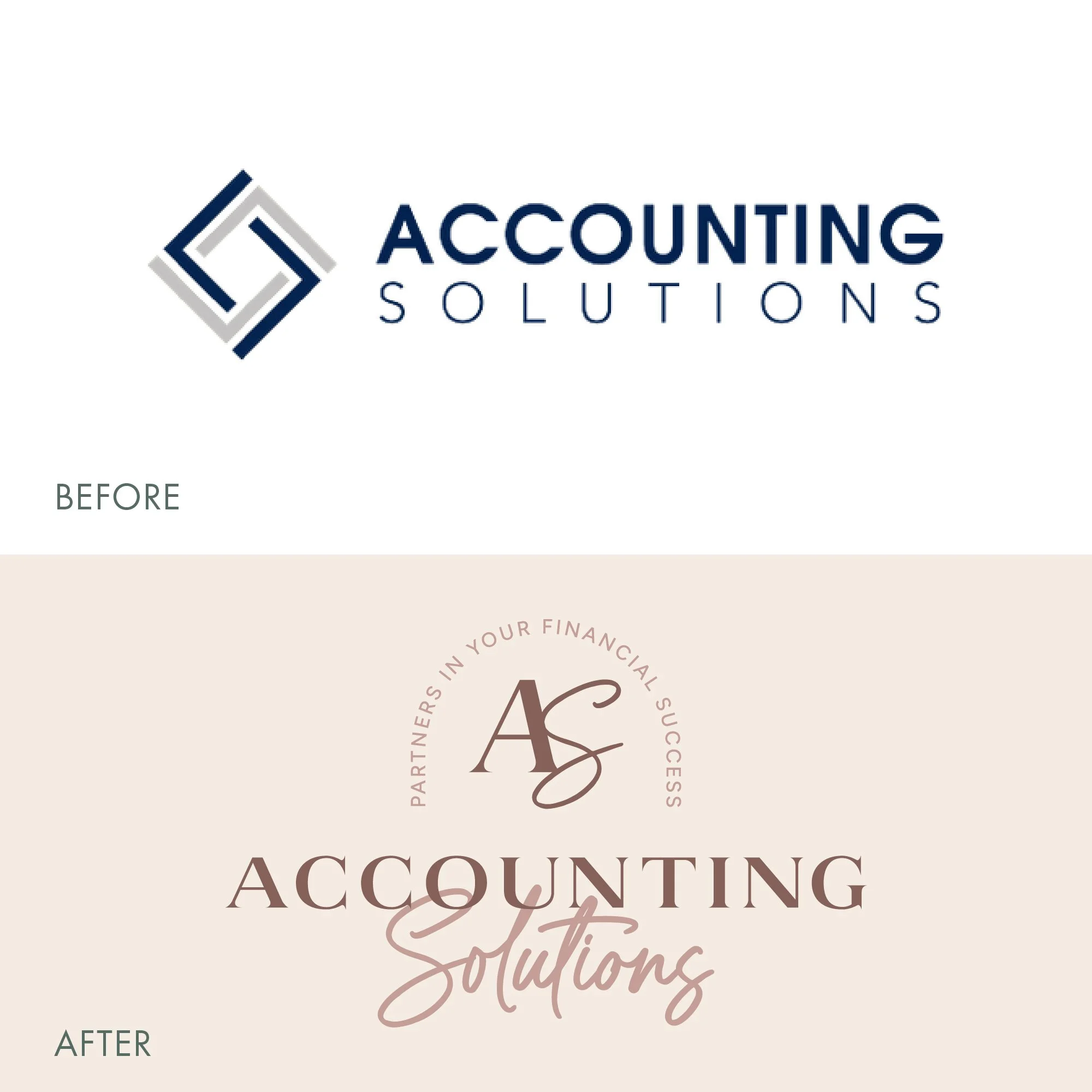 Comparison of the old and new logos for Accounting Solutions in Idaho Falls. The before logo features a modern geometric design and dark blue text, while the after logo has a softer appearance with a circular emblem and brownish text.