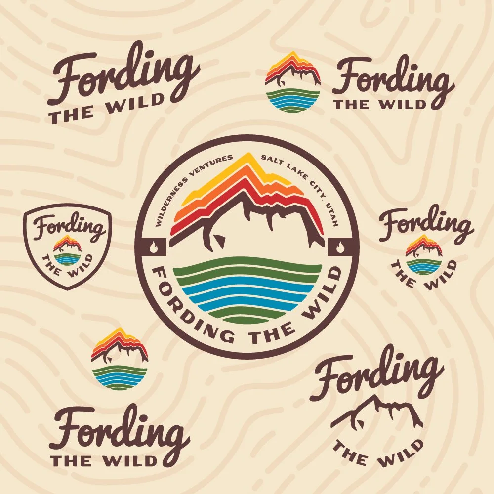 A promotional graphic for 'Forging the Wild' features a mountain and water logo in different sizes and styles, with the phrase 'Forging the Wild' and a mountain logo depicted at the top center.