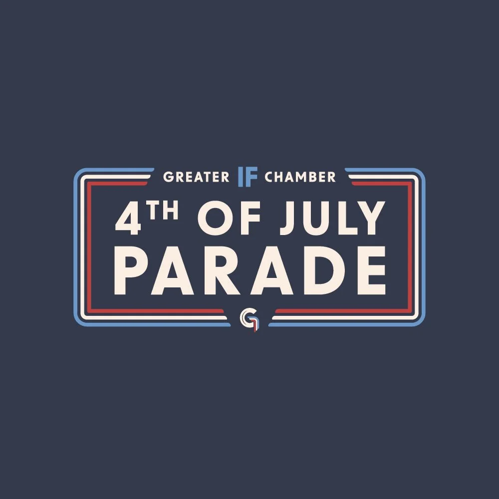 Graphic design for a 4th of July parade event with text stating 'Greater Idaho Falls Chamber 4th of July Parade' on a dark background, featuring red, white, and blue decorative borders.