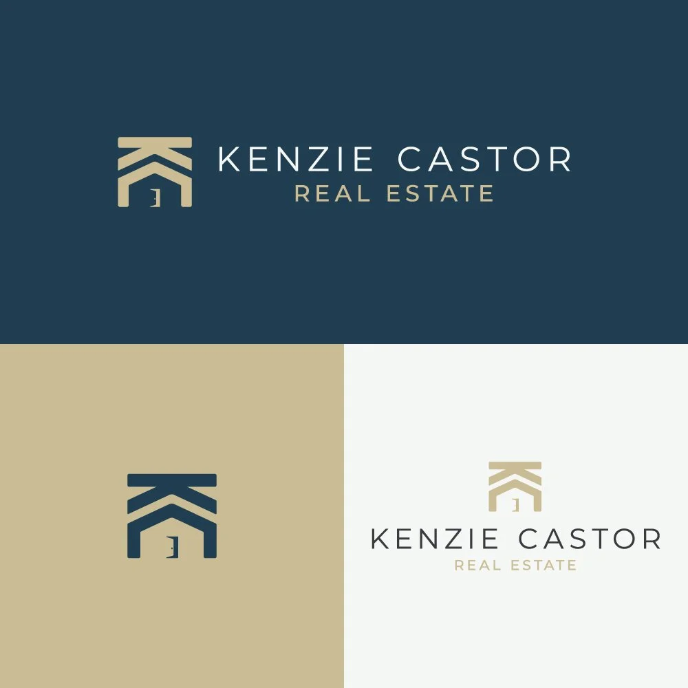 Three logo variations for Kenzie Castor Real Estate, featuring a house icon above the name and tagline in different color schemes.
