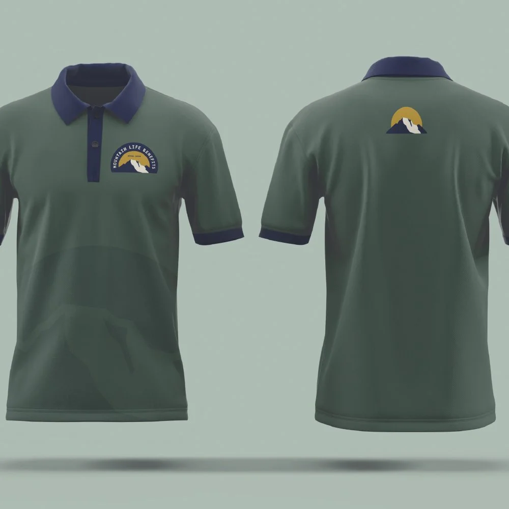 Mountain Life Benefits' green collared polo shirt with blue accents and mountain logo, front and back views.