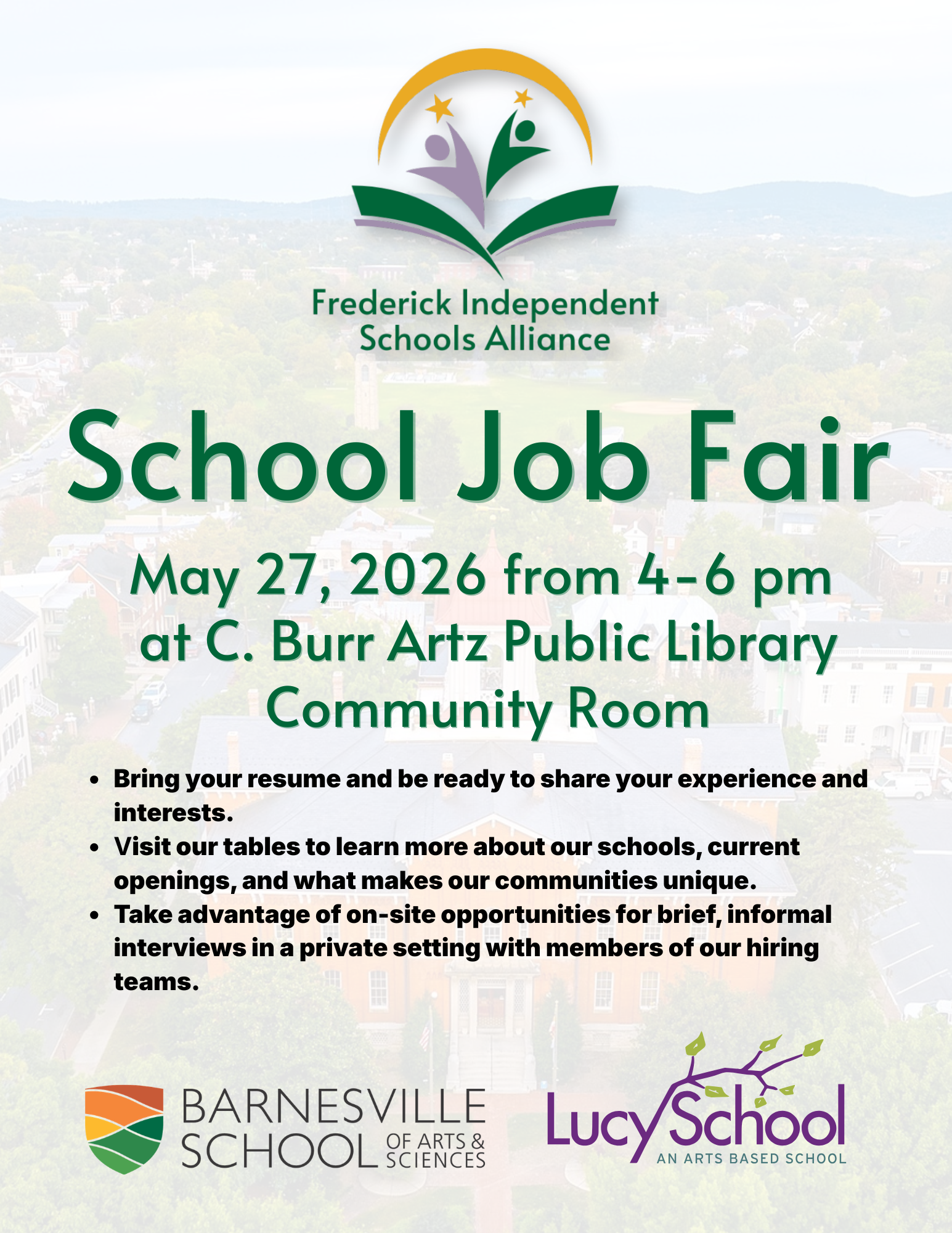 Flyer for a school job fair event on May 27, 2026, from 4-6 pm at C. Burr Artz Public Library Community Room, hosted by Frederick Independent Schools Alliance, Barnesville School, and Lucy School, with logos at the bottom.