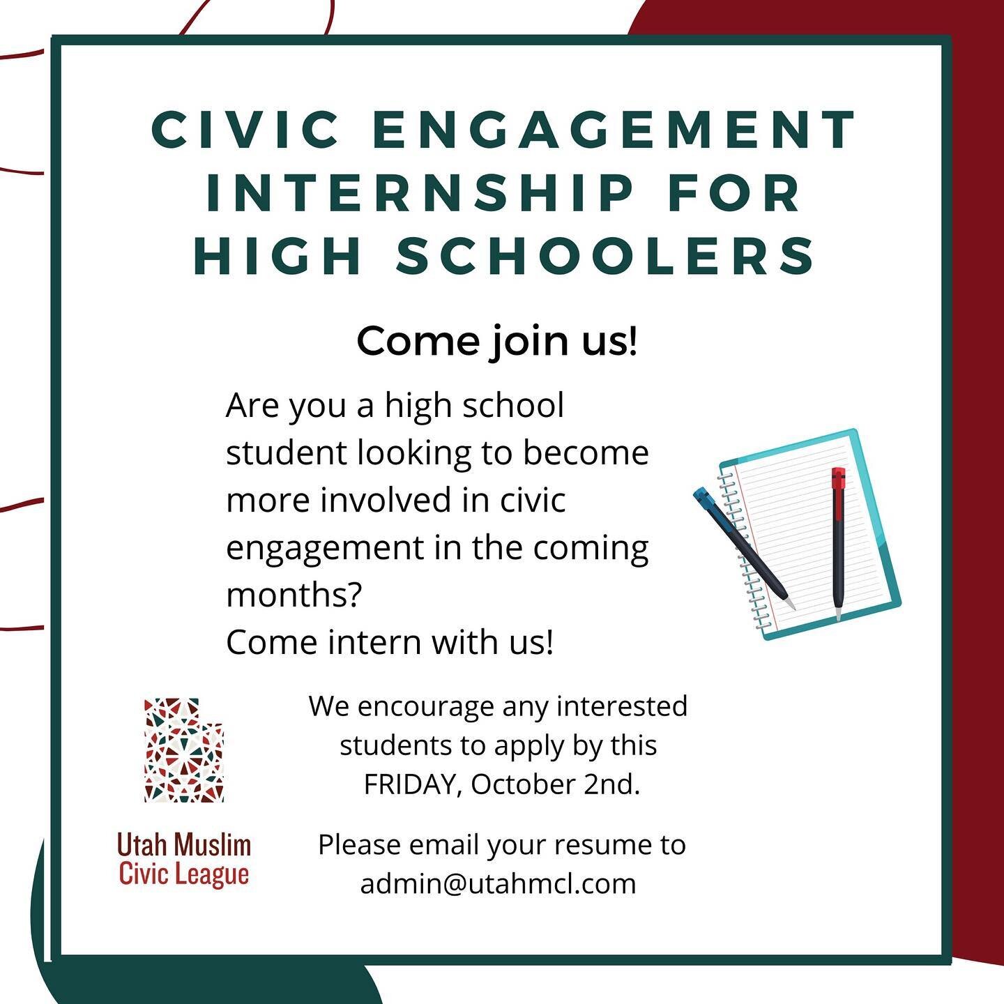 Calling all high school students who want to be more involved in civic engagement. Come intern with us! 

The Utah Muslim Civic League is looking for high school students for our civic engagement internship to help with increasing civic engagement in