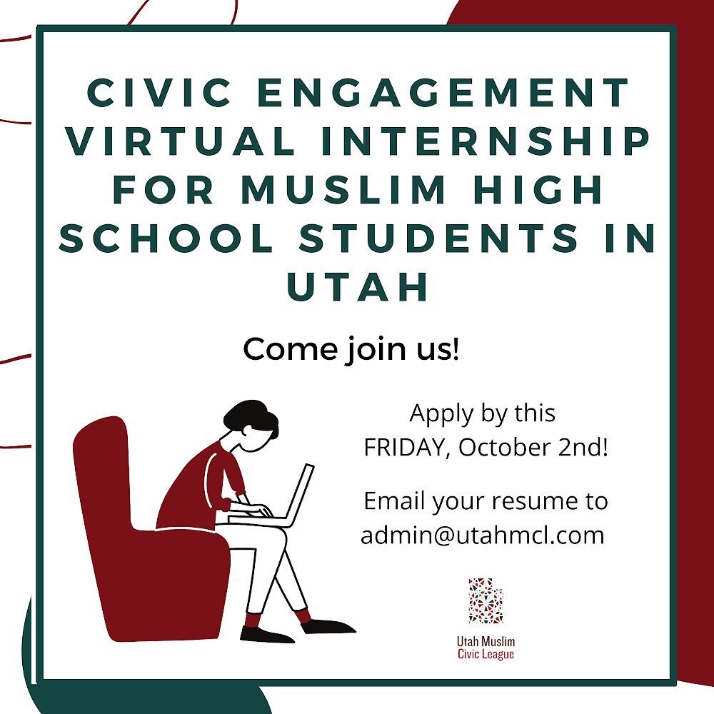 Reminder that the deadline to apply as a civic engagement intern with us is this Friday, October 2nd. 

We encourage Muslim high school students in Utah to apply. Come be involved in civic engagement with us! 

If you are interested, please email you