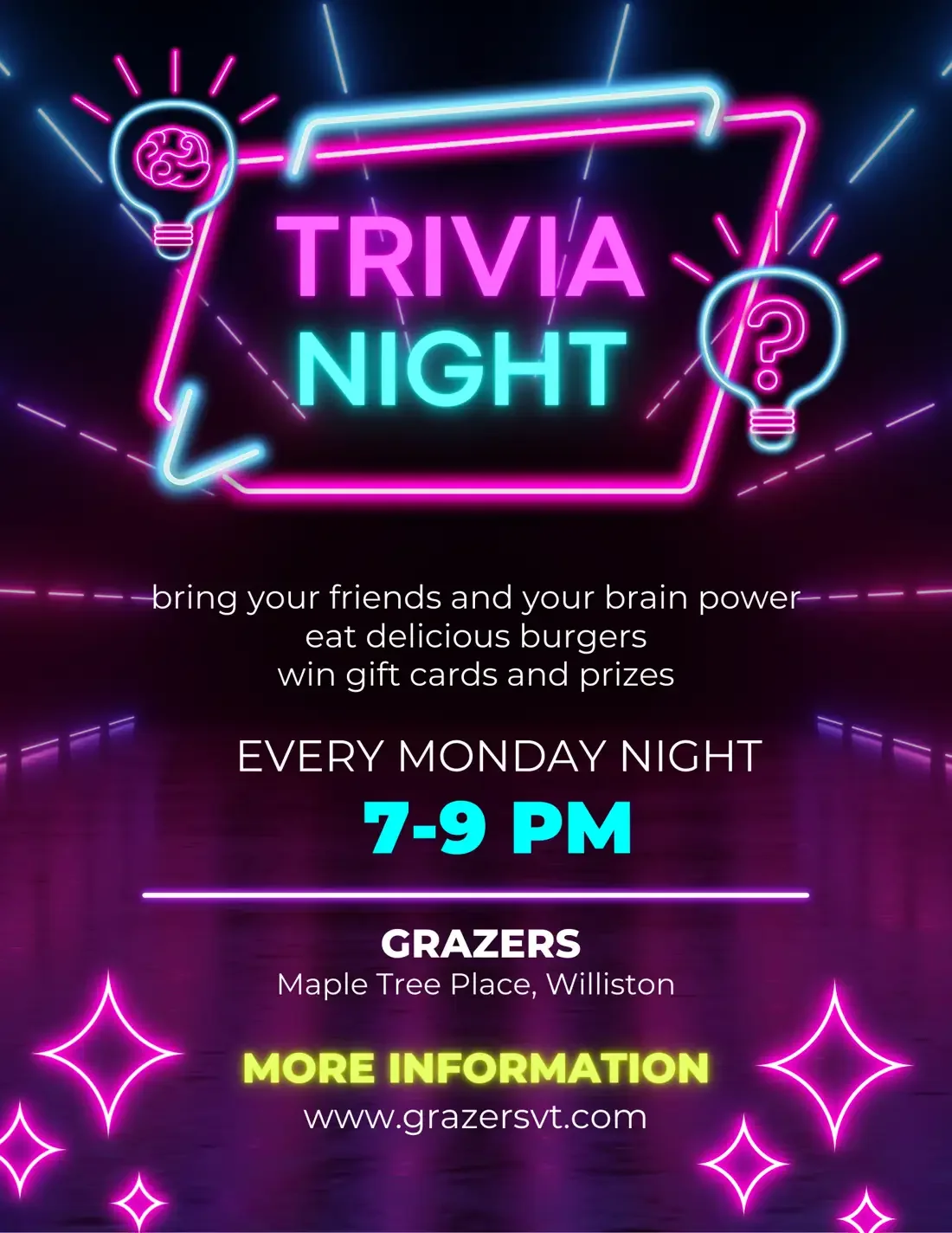 Grazers Monday Night Trivia poster: every Monday, 7–9 p.m., at Maple Tree Place in Williston.