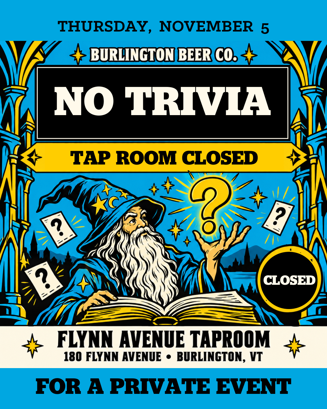 No Thursday Trivia: Taproom Closed All Day