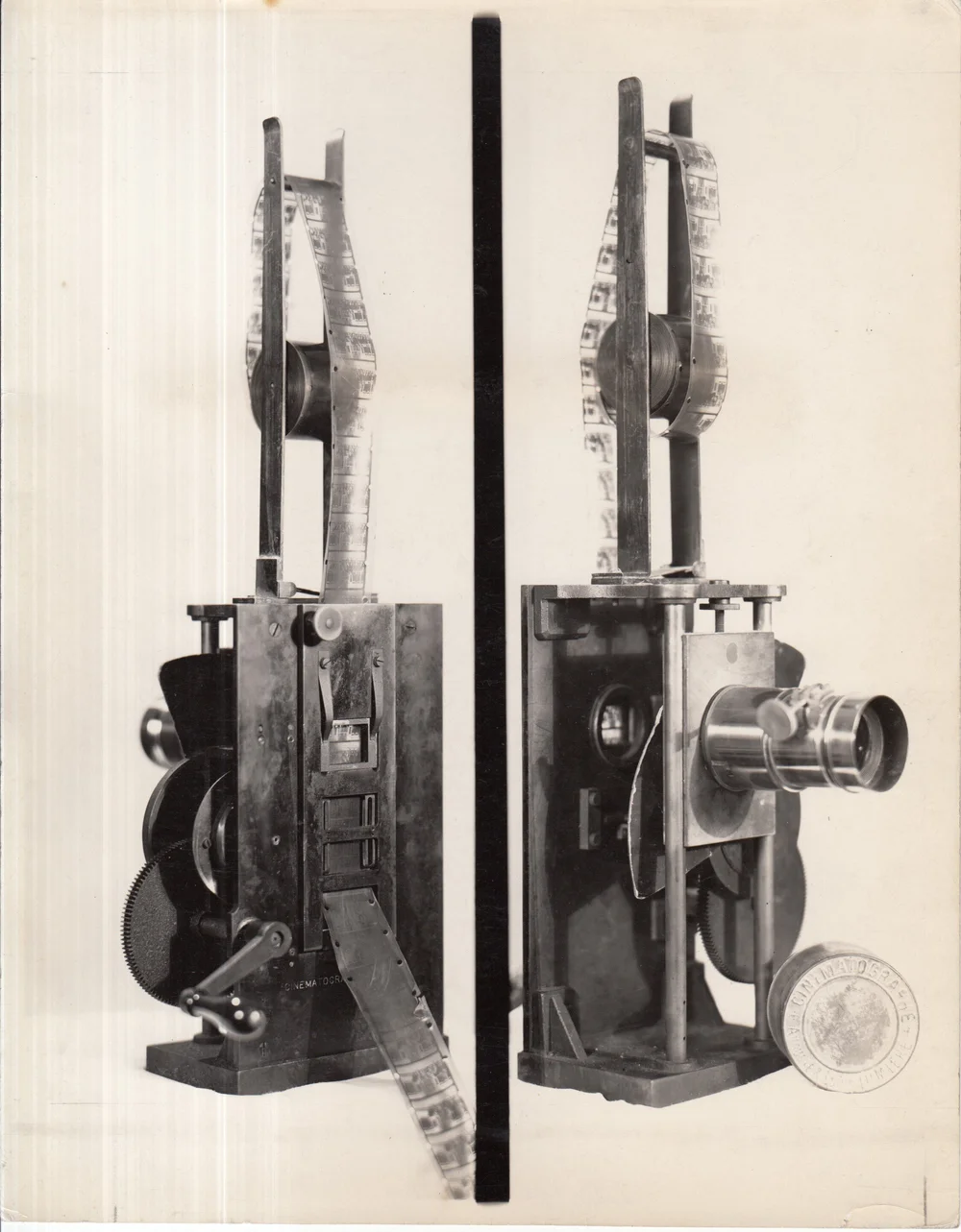 Two views of a Lumière Cinématographe, 1896. Photographer unknown. Thomas Edison National Historical Park / National Park Service. Public domain.