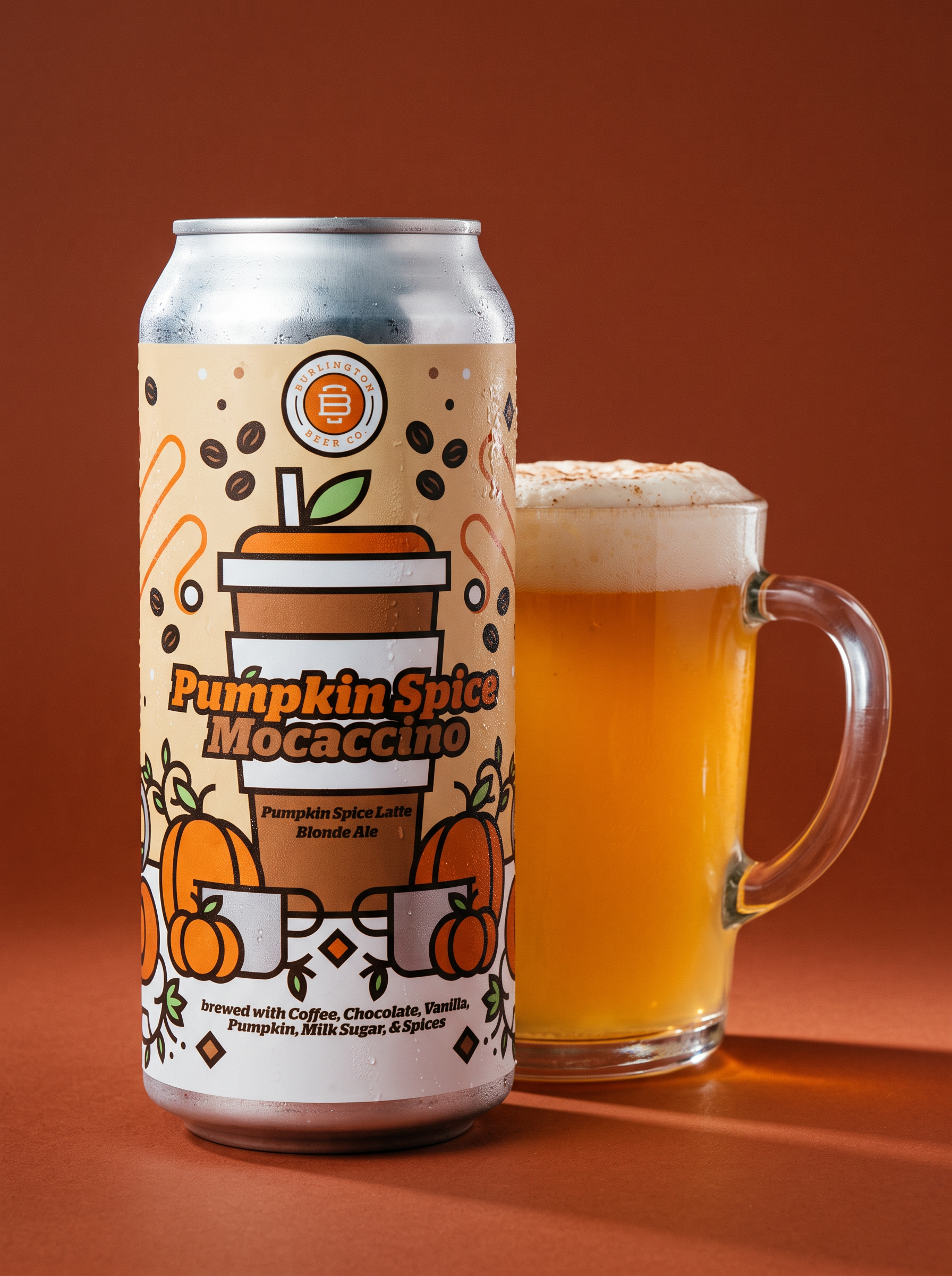 Burlington Beer Co. Pumpkin Spice Mocaccino can with a fresh pour and autumn spices.