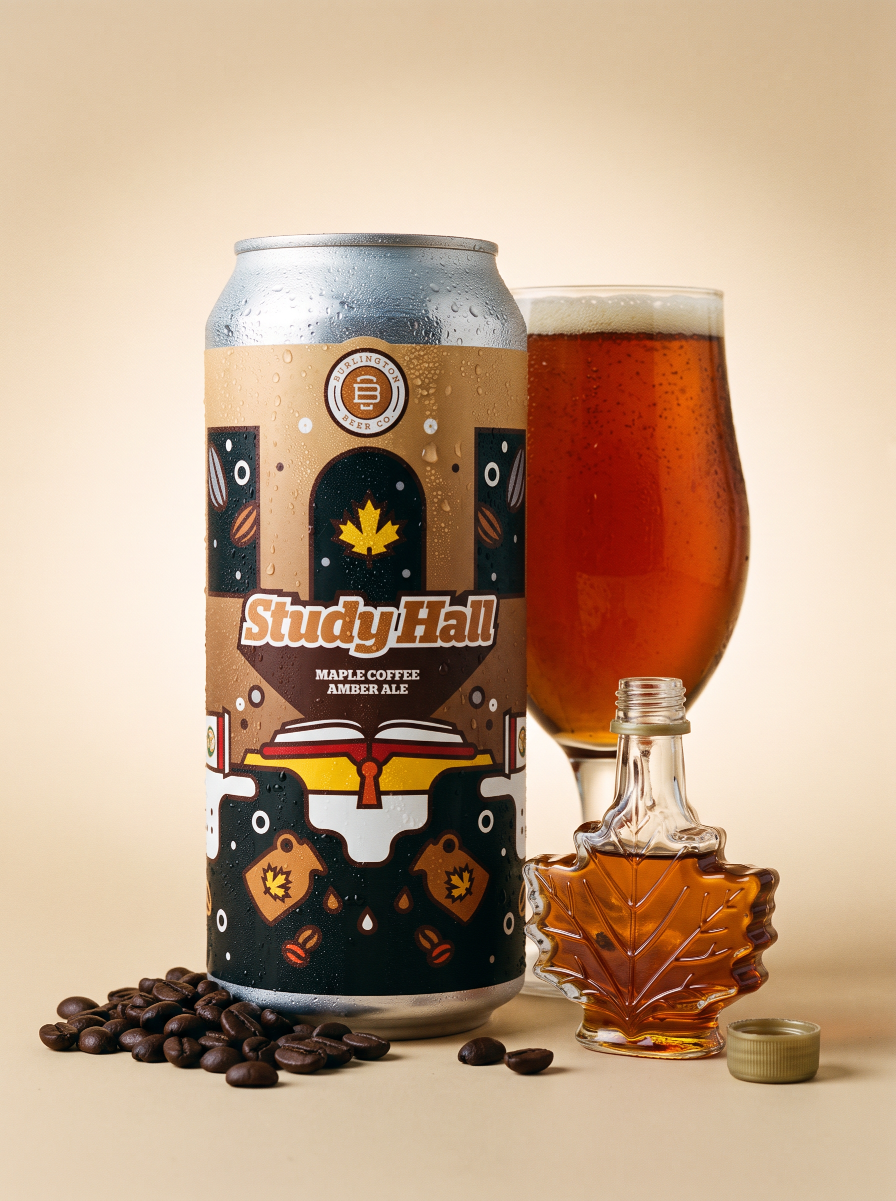 Burlington Beer Co. Study Hall maple coffee amber ale can with an amber pour.