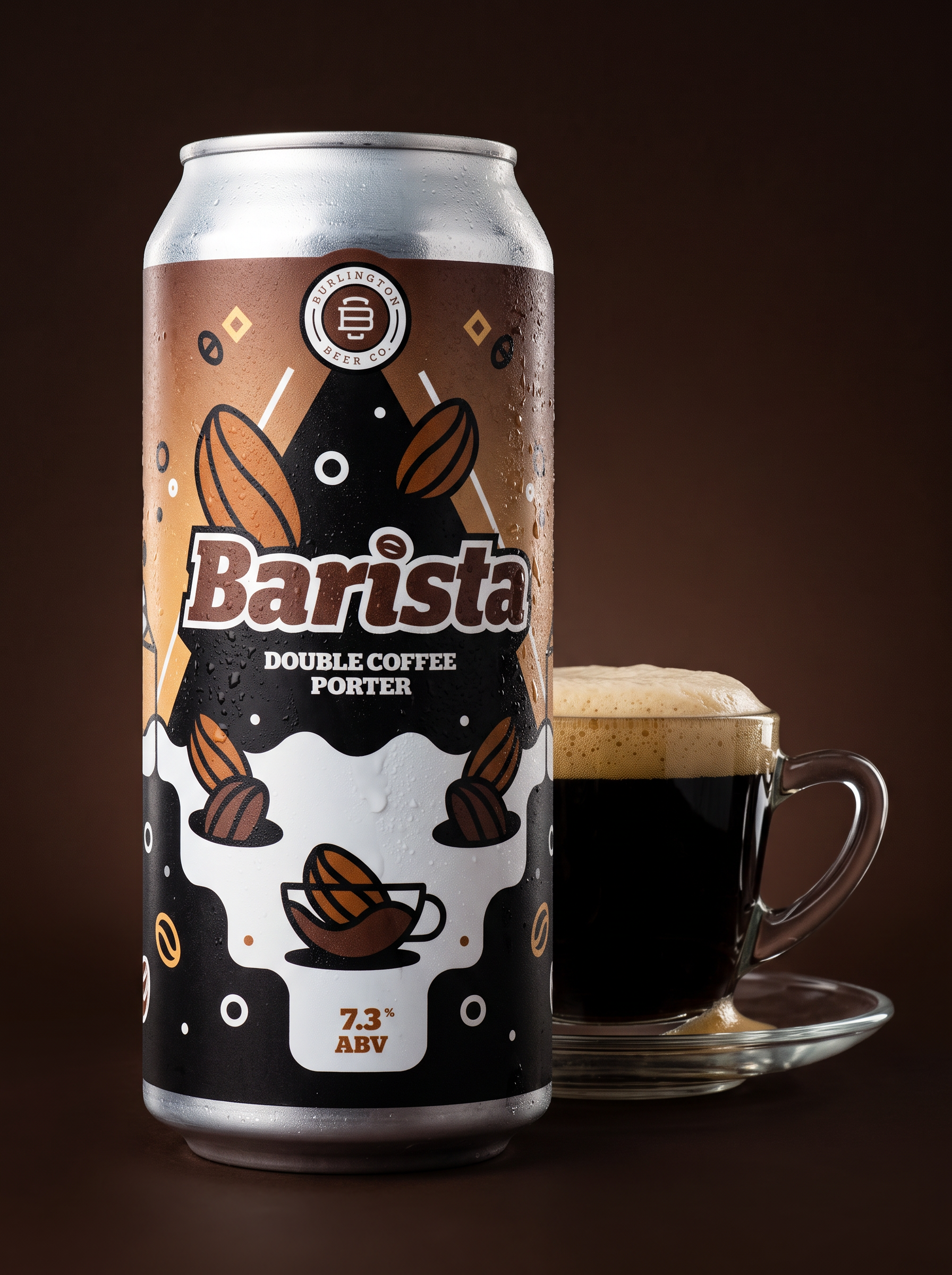 Burlington Beer Co. Barista double coffee porter can in a coffee-inspired studio scene.