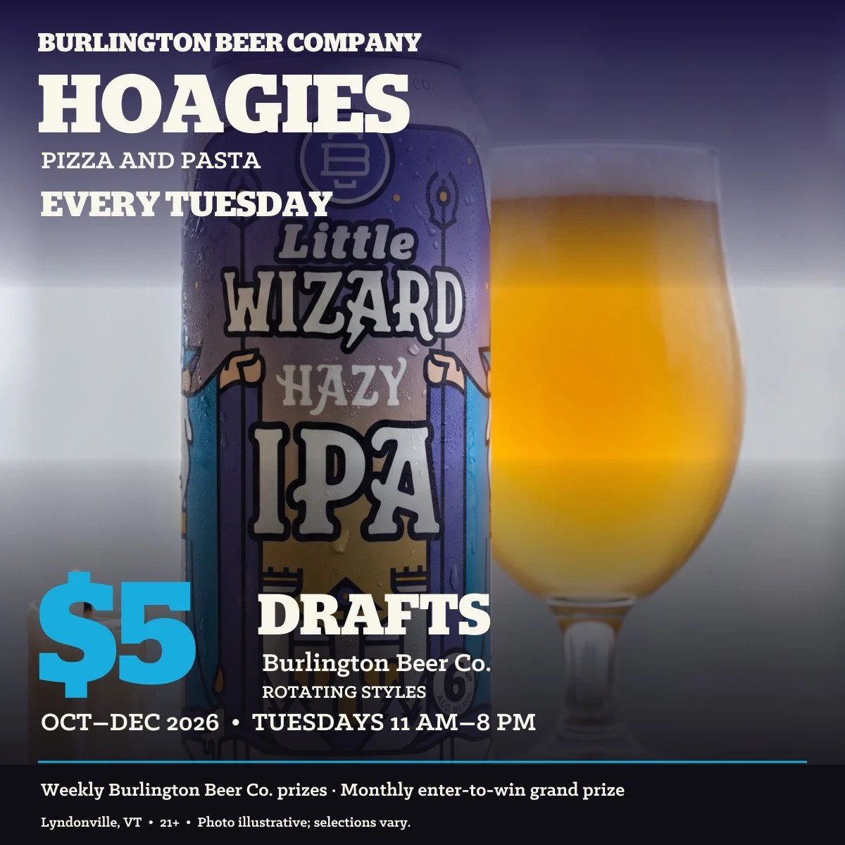$5 Burlington Beer Co. Tuesdays at Hoagies Pizza and Pasta