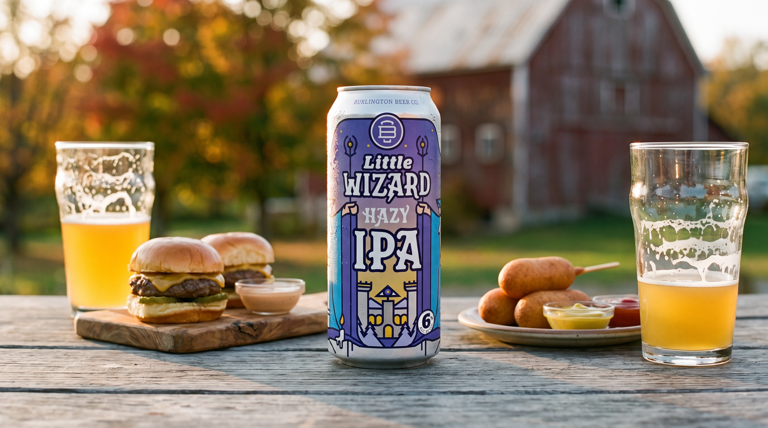 Little Wizard Hazy IPA with sliders and poured beer