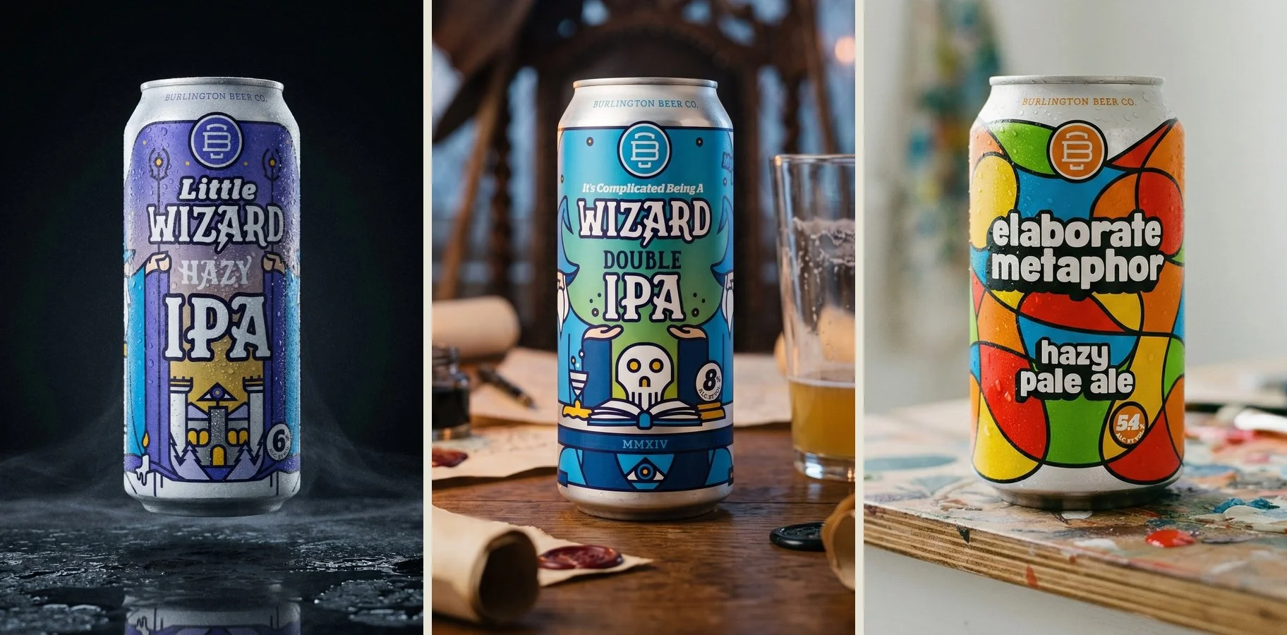 Little Wizard, It’s Complicated Being a Wizard, and Elaborate Metaphor cans, shown together from left to right.