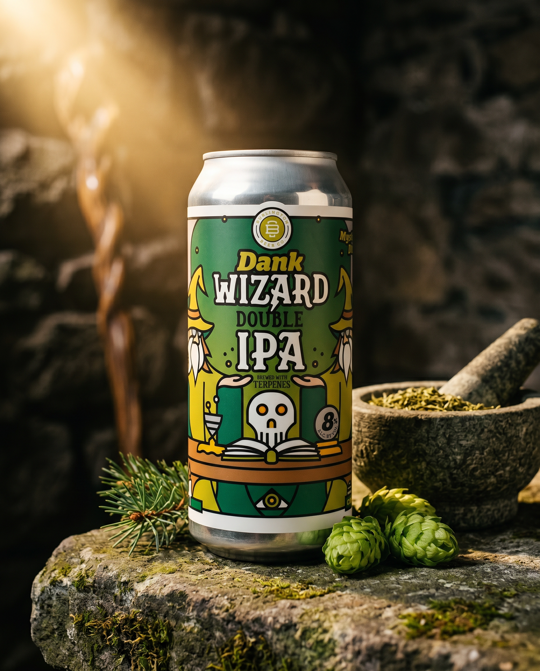 Dank Wizard Double IPA can with herbal props
