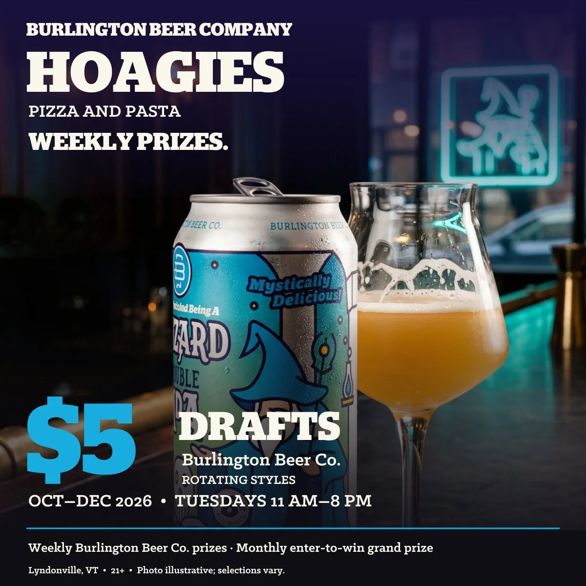 $5 Burlington Beer Co. Tuesdays at Hoagies Pizza and Pasta
