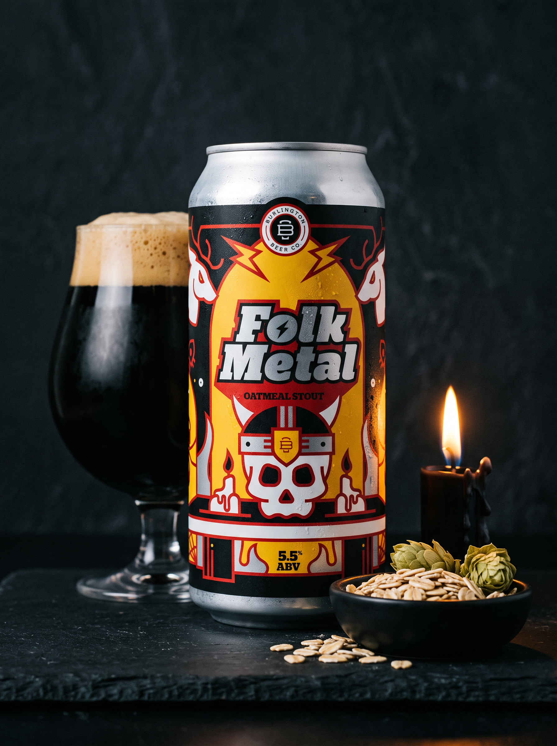Burlington Beer Co. Folk Metal oatmeal stout can beside a dark pour with foam.