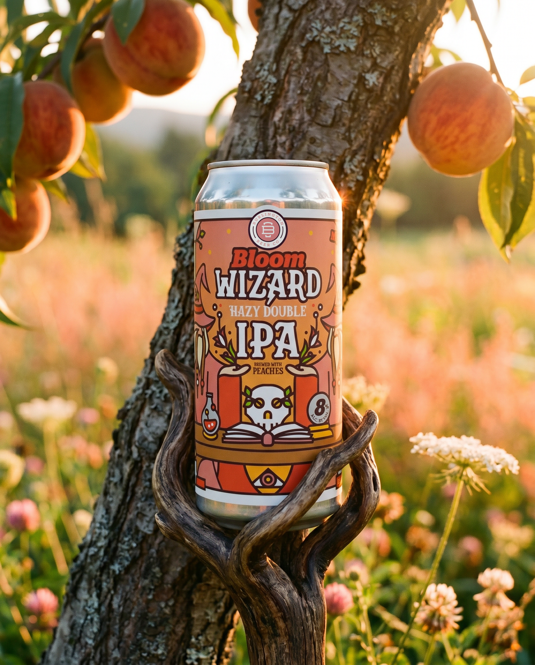 Bloom Wizard Peach Hazy Double IPA can in an orchard setting