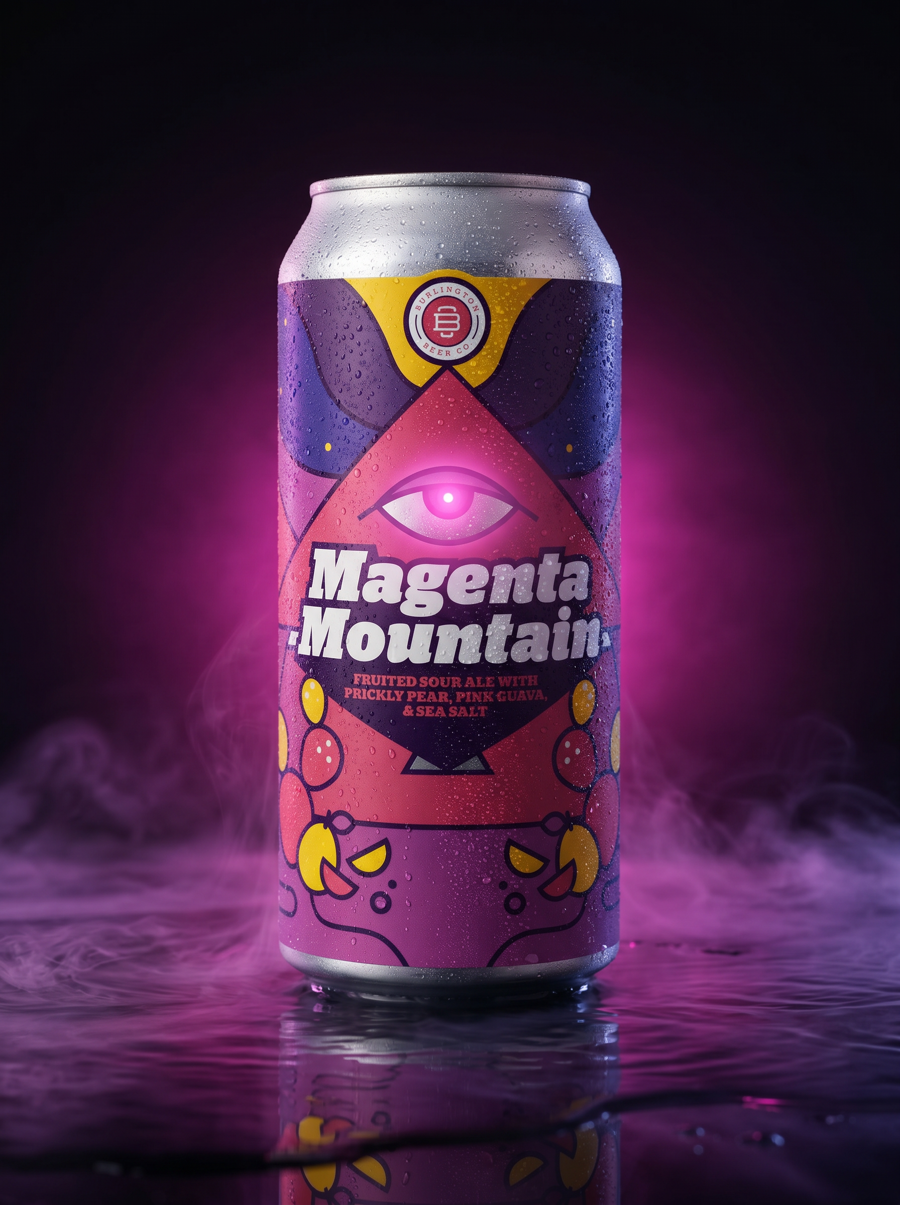 Burlington Beer Co. Magenta Mountain fruited sour can in a magenta studio scene.