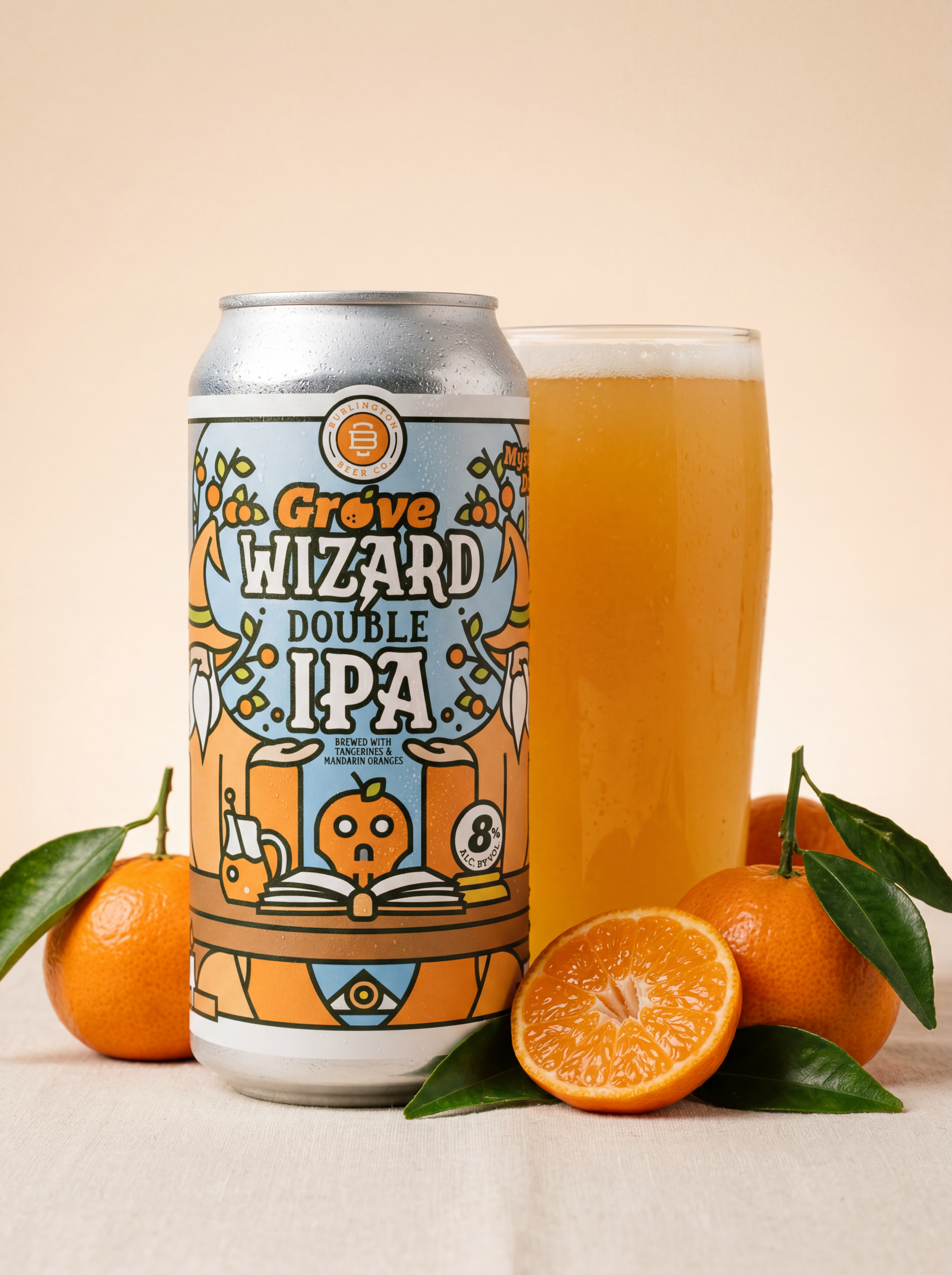 Grove Wizard Double IPA can and poured beer with citrus fruit