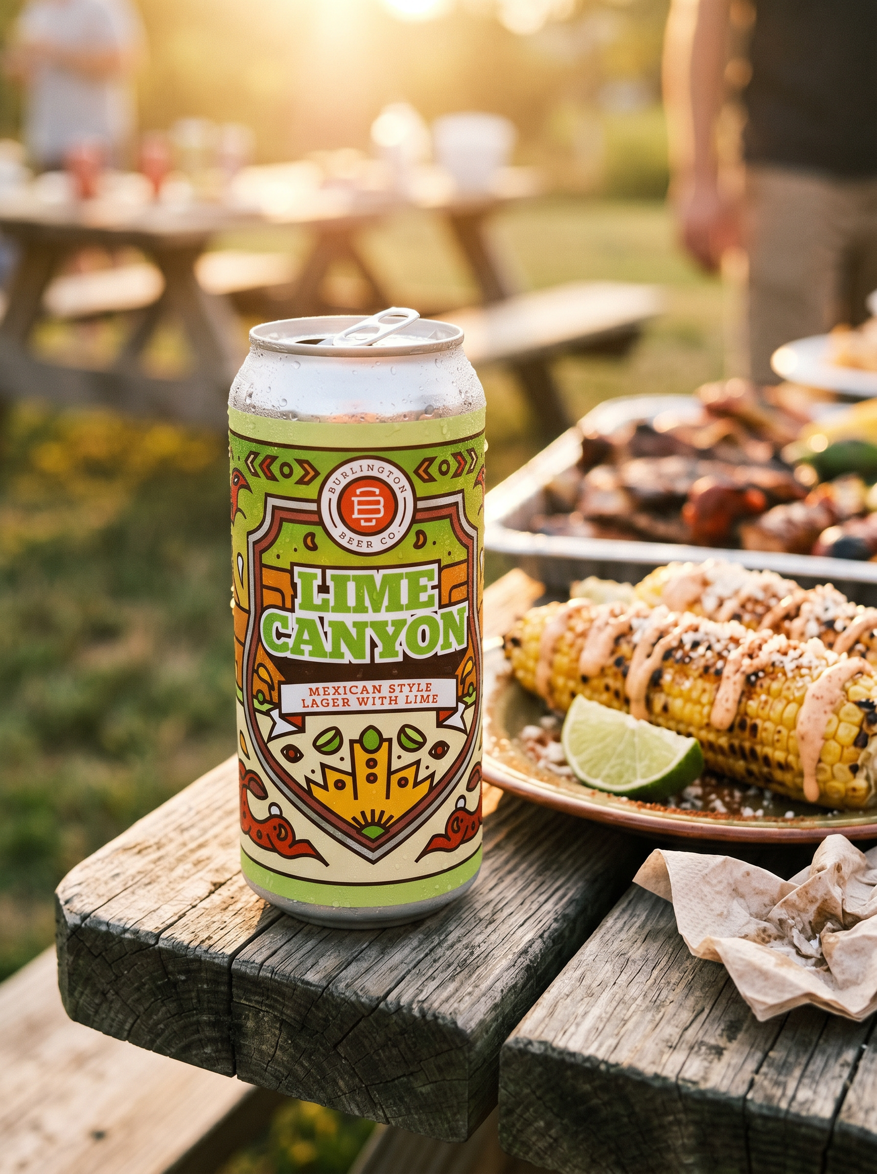 Burlington Beer Co. Lime Canyon lager can with grilled corn and lime.