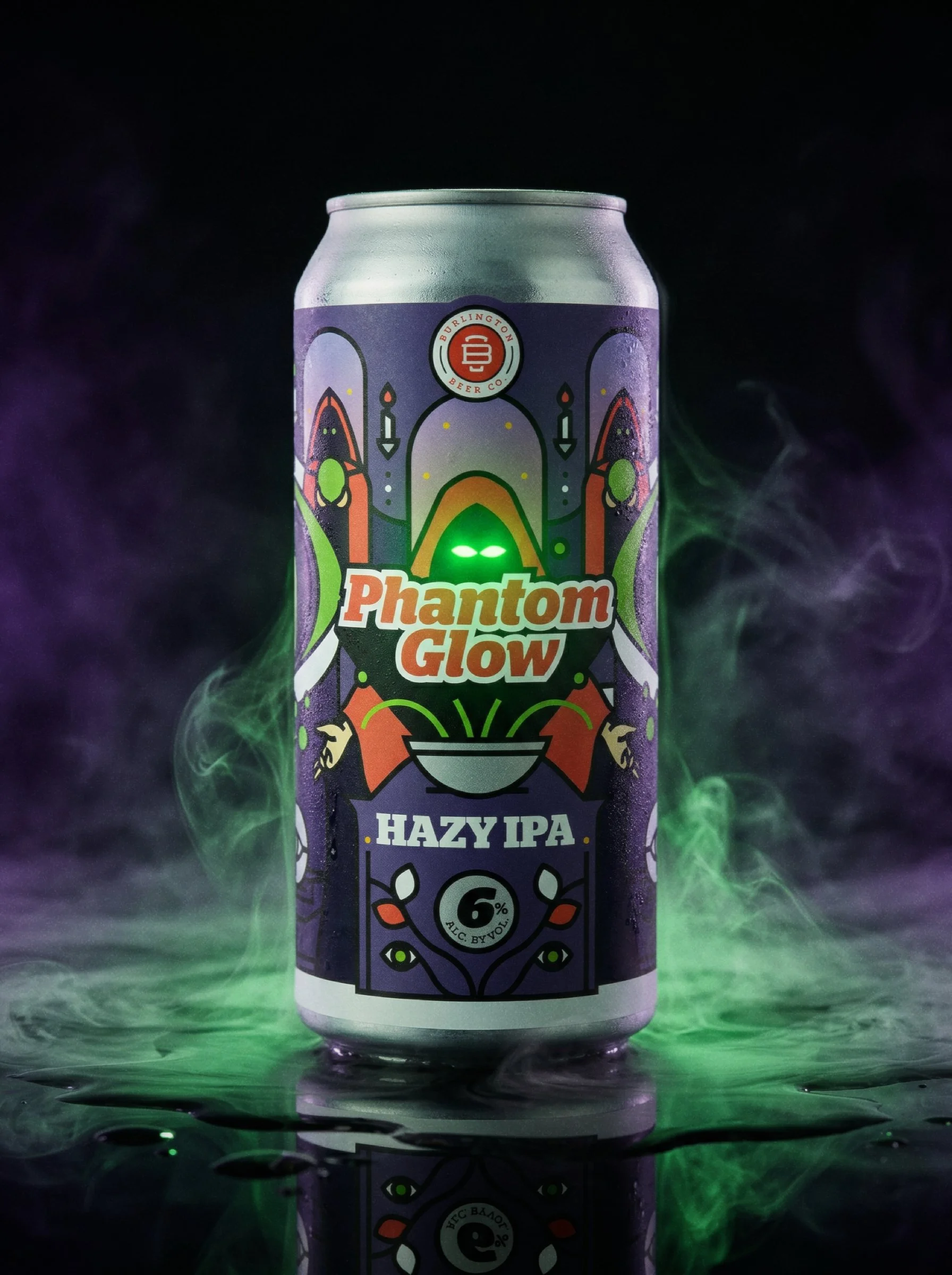 Phantom Glow Hazy IPA can with purple and green studio smoke