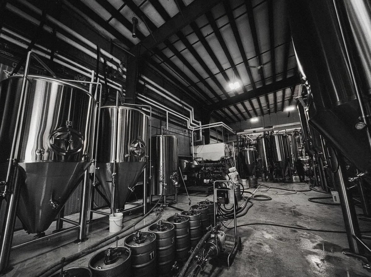 Stainless steel tanks and kegs inside Burlington Beer Co.’s production brewery in Williston.