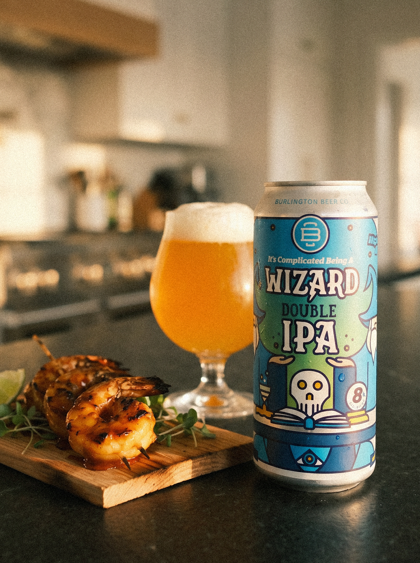 It’s Complicated Being a Wizard Hazy Double IPA can with poured beer and shrimp