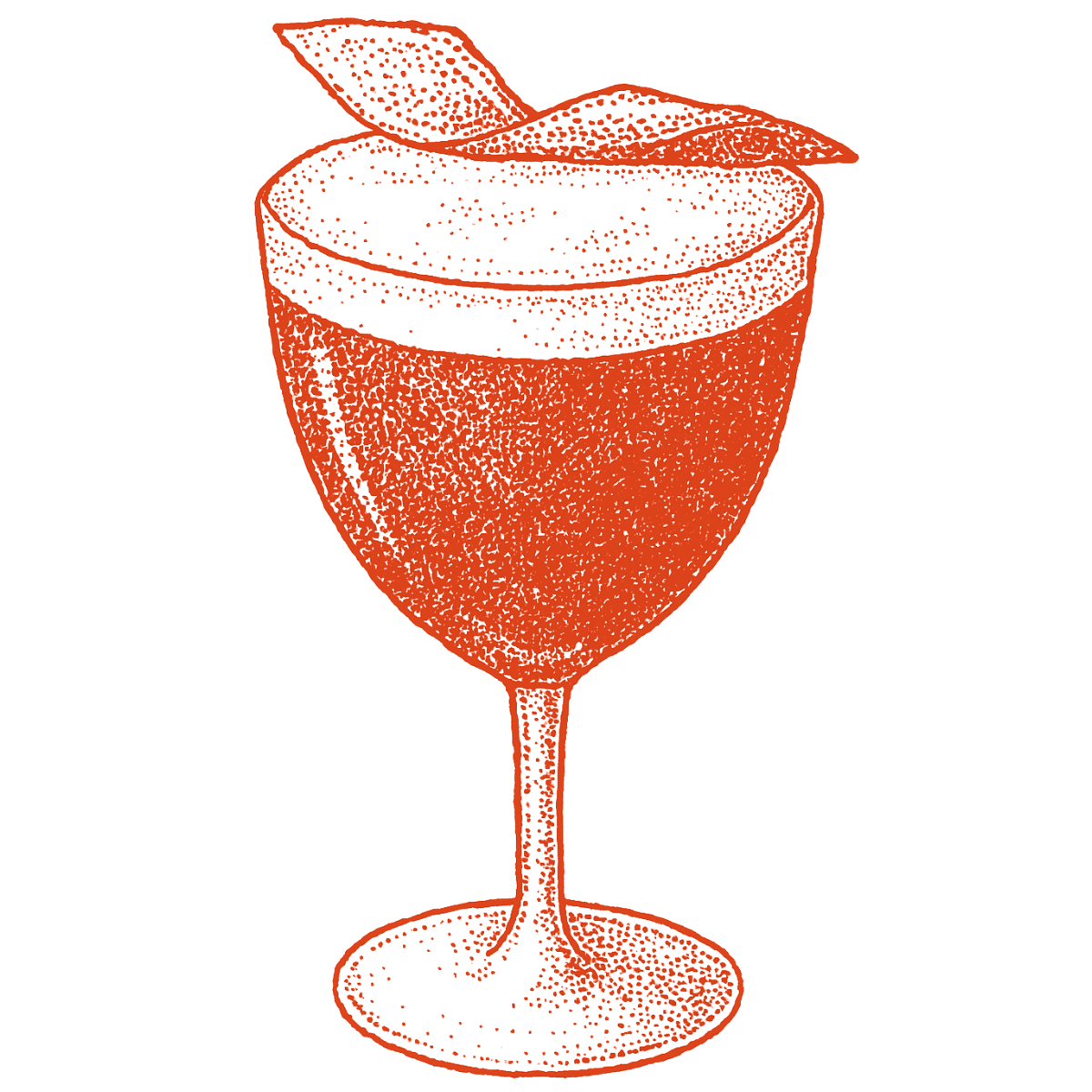 Stylized orange and black illustration of a glass of red wine with a leaf on top during the best Happy Hour in Yaletown Vancouver at Capo and The Spritz.