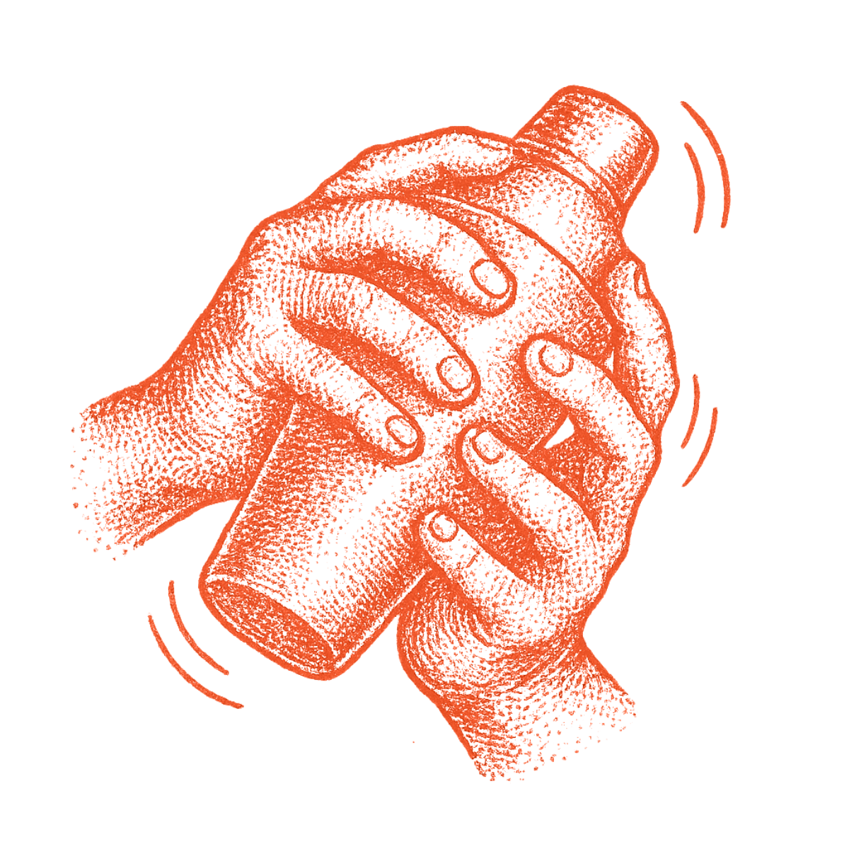 Illustration of a hand gripping a mobile phone with the phone vibrating, depicted in a stylized, textured, orange-red style on a black background during the best Happy Hour in Yaletown Vancouver at Capo and The Spritz.