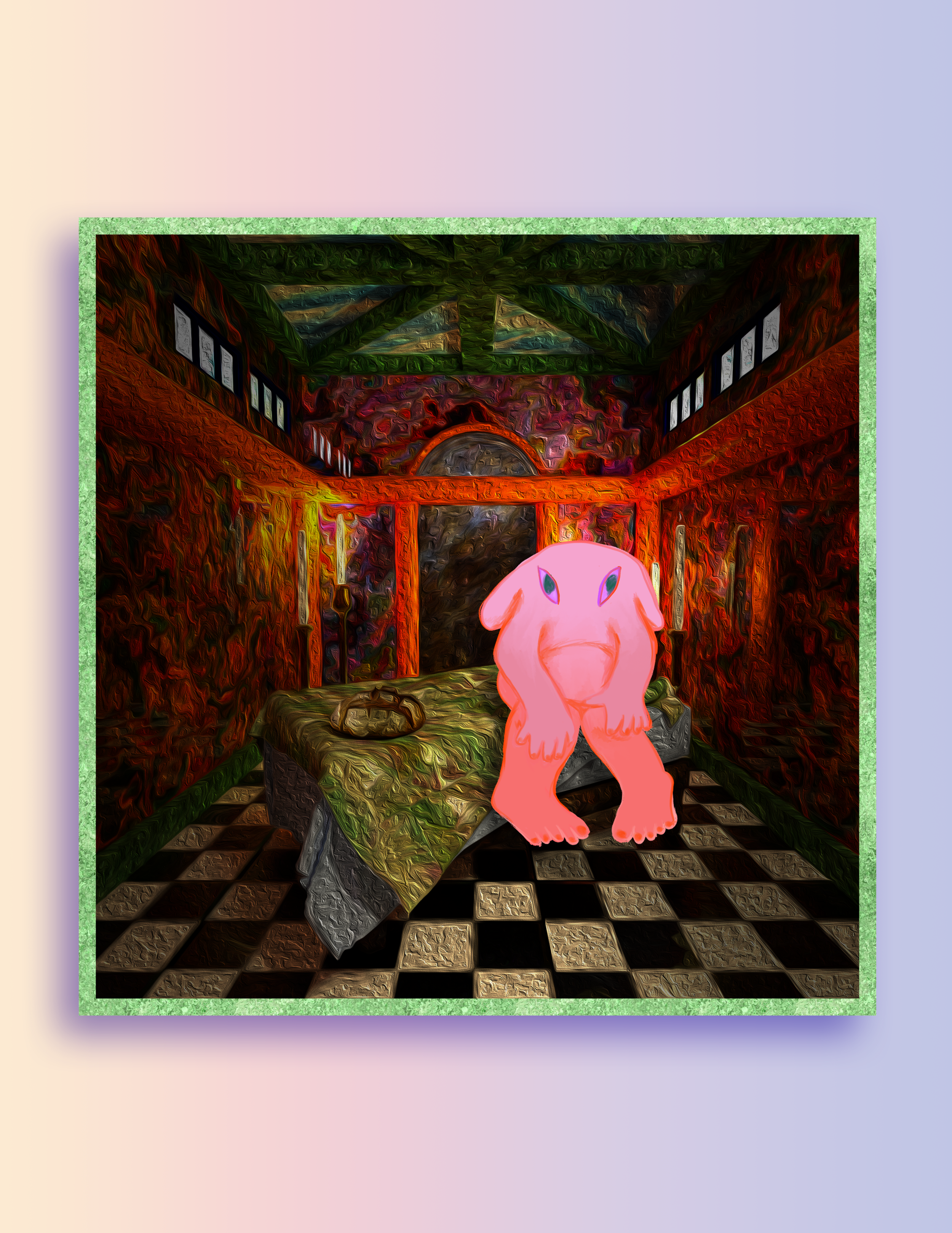 Original Painting on a 3D-rendered Romanesque interior