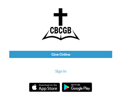 Logo of CBCGB with a cross and book symbol, "Give Online" button, "Sign In" link, and app download icons for the App Store and Google Play.
