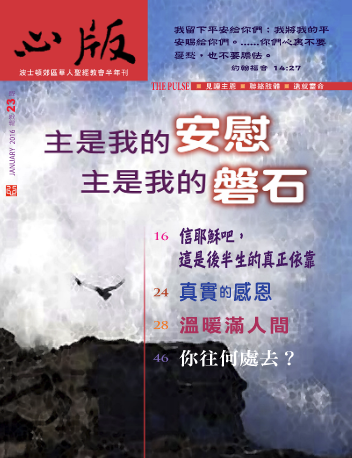 Magazine cover featuring a black bird in flight over a rocky coastline. The text is primarily in Chinese, with some English referring to 'THE PULSE' magazine from January 2015. The cover includes a Bible verse: Isaiah 26:3-7 and various headlines highlighting themes such as comfort and faith.