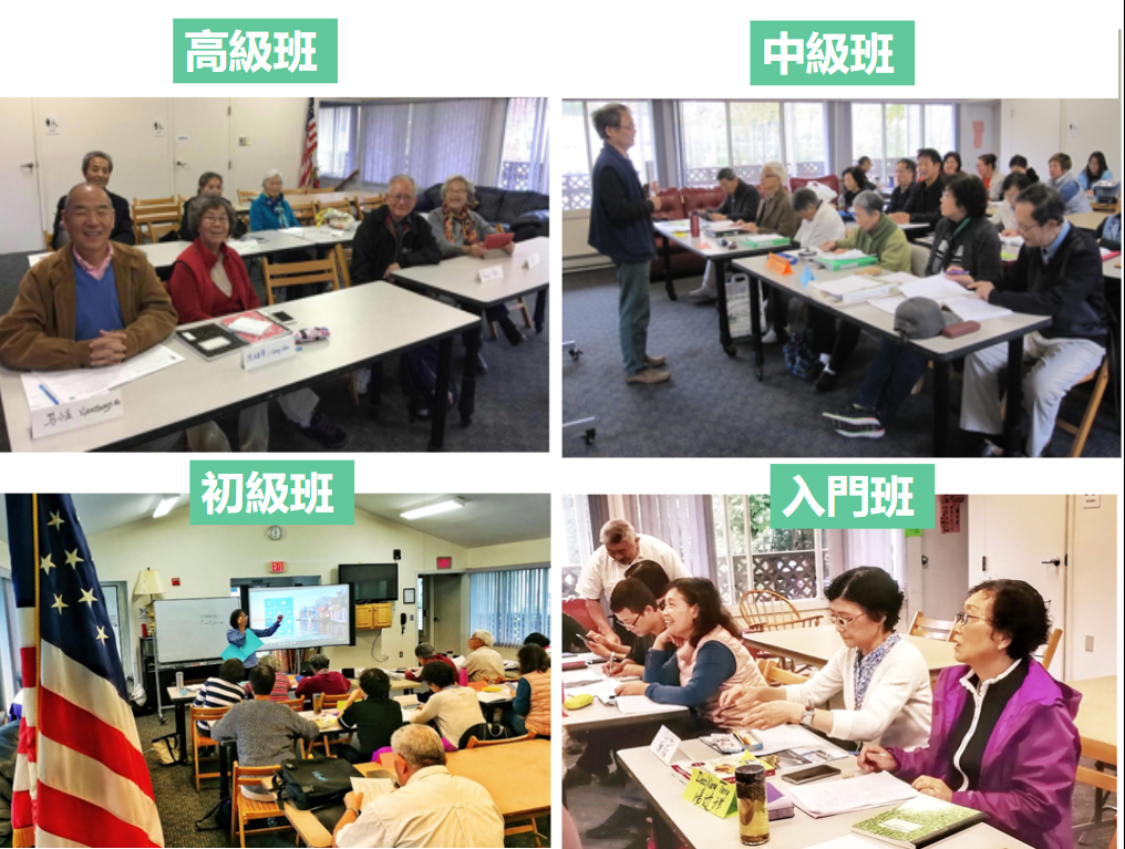 Collage of four images showing senior adults in classroom settings with Chinese text labeling different skill levels.
