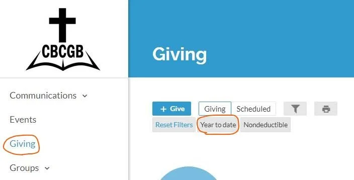 Website interface showing a church logo with a cross and open book, labeled "CBCGB." The highlighted section reads "Giving," with options for "Year to date" and "Nondeductible." Includes buttons for "Give" and "Scheduled."