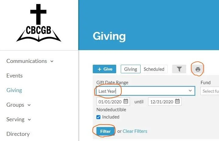Screenshot of CBCGB Giving page with options to filter donations by date range, including a dropdown for 'Last Year.' Non-deductible gifts can be included. Features also include 'Add Giving,' 'Scheduled Giving,' a filter and a print icon. Interface options are highlighted in orange circles."