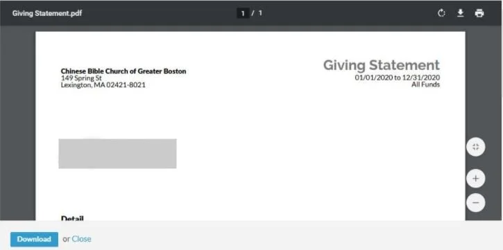 PDF viewer displaying a giving statement from the Chinese Bible Church of Greater Boston, dated 01/01/2020 to 12/31/2020. The document includes the church's address in Lexington, MA. The viewer interface shows download and close options.