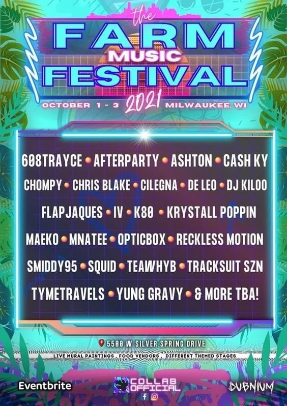 Digital poster for the 2021 Farm Music Festival in Milwaukee, Wisconsin, from October 1 to 3, featuring artist lineup and event details.