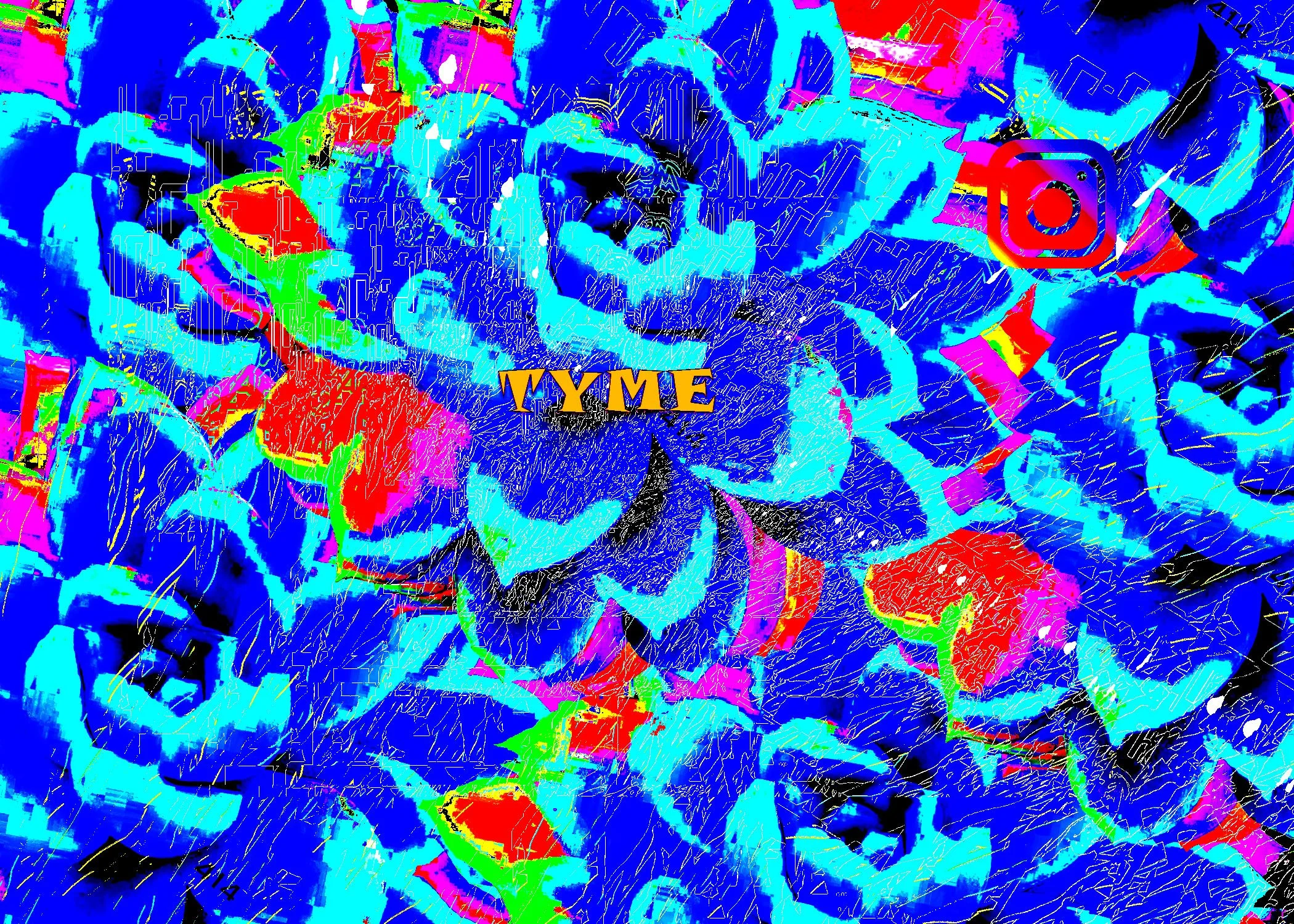 A colorful, highly abstract and distorted image with bright colors and shapes. Prominently features the Instagram logo and the text 'TYME' in the center.