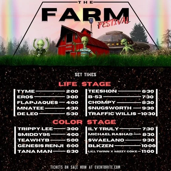 Poster for The Farm Festival featuring a red barn with three green aliens and a vintage train, with schedule of performances on life and color stages.